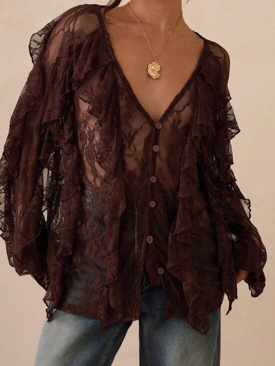 MODA ME COUTURE Tops - Coffee Brown Sexy Casual Women's V-Neck Long Sleeve Boho Blouse